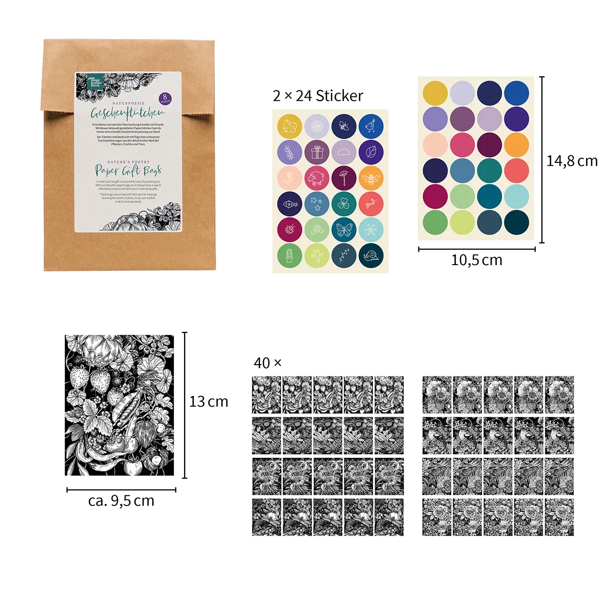 Geschenktütchen - Naturpoesie - 40 bunte Papiertütchen / Flachbeutel mit 8 verschiedenen Designs