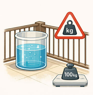 Graphic: water tank on a balcony with a warning sign and 100 kg weight as a reminder of load capacity
