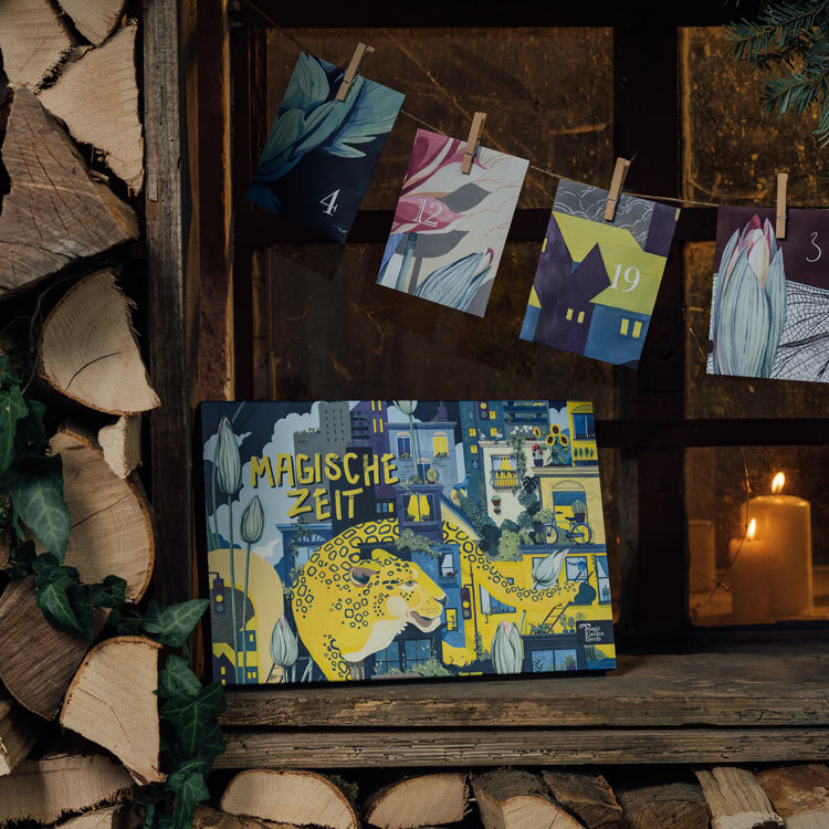 Organic seed advent calendar “Magical Time” Your Garden in the City by firewood, with door cards behind