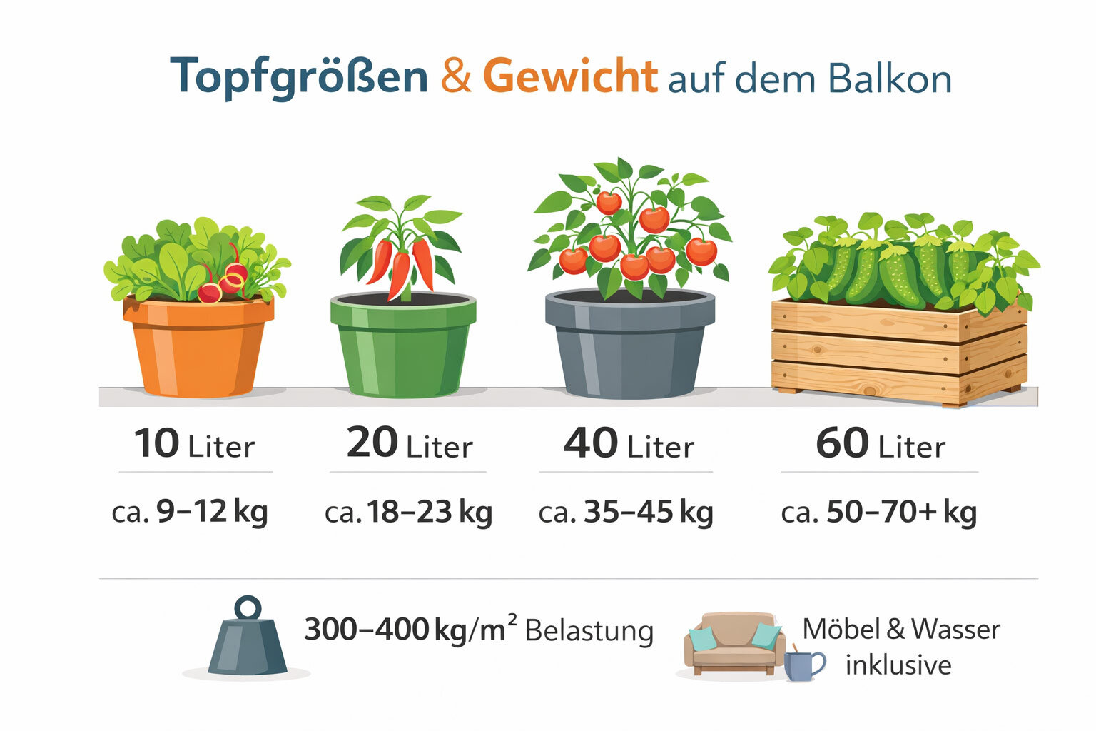 Infographic: weight of filled containers, from 10 litres at about 9 to 12 kg to 60 litres at about 50 to 70 kg