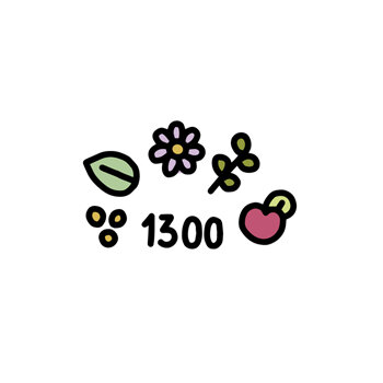 Leaf, flower, herb, fruit and seeds with the number 1300 as a symbol for the wide choice of varieties