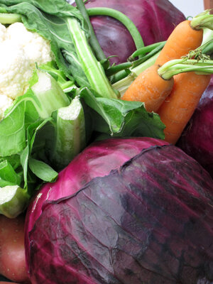 Freshly harvested vegetables: red cabbage, cauliflower, carrots and green beans