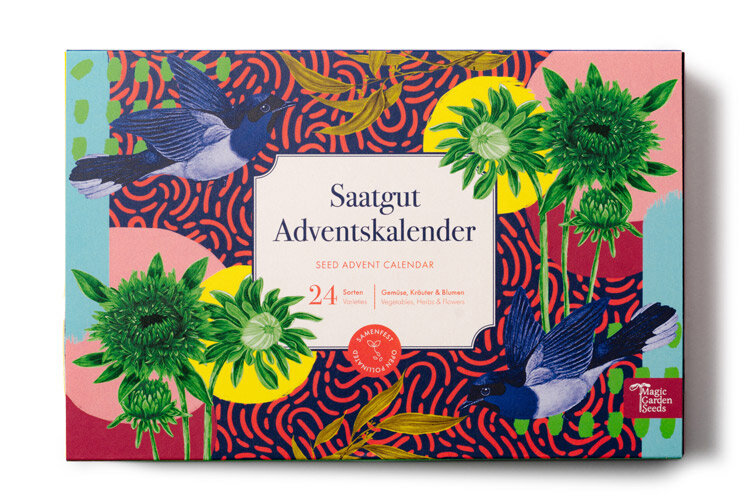 Seed advent calendar “Vegetables, Herbs & Flowers” with 24 varieties in a colourfully illustrated box