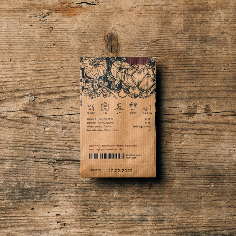 Back of a seed packet with sowing symbols, flowering and harvest times and filling date