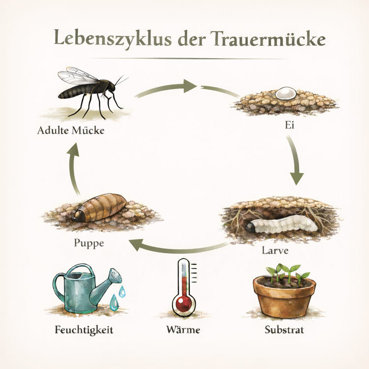 Graphic: fungus gnat life cycle from egg, larva and pupa to adult, favoured by moisture and warmth
