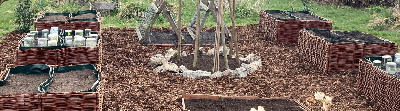Garden in spring: woven raised beds, wood chip paths and a trellis made of poles