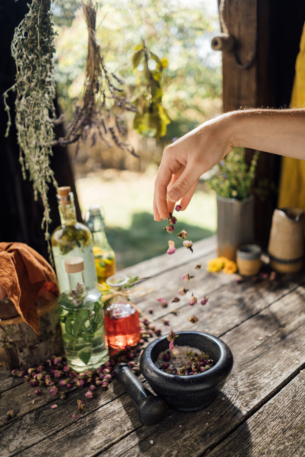 Dried flower buds sprinkled into a mortar, with herbal oils and hanging bunches of herbs nearby