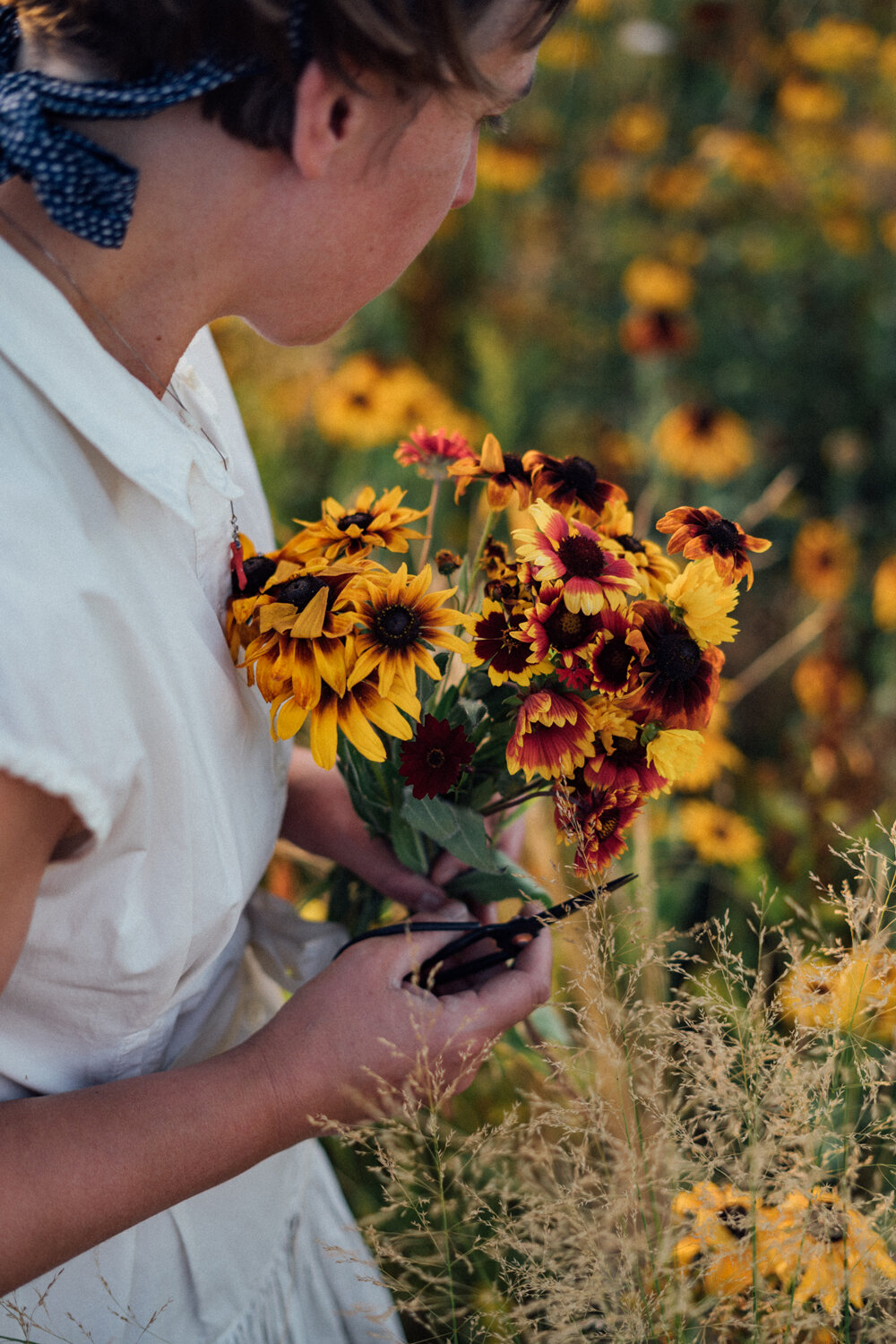 A woman cutting flowers for a bouquet