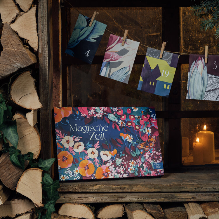 Organic seed advent calendar “Magical Time” A Sea of Wildflowers by firewood, with door cards behind