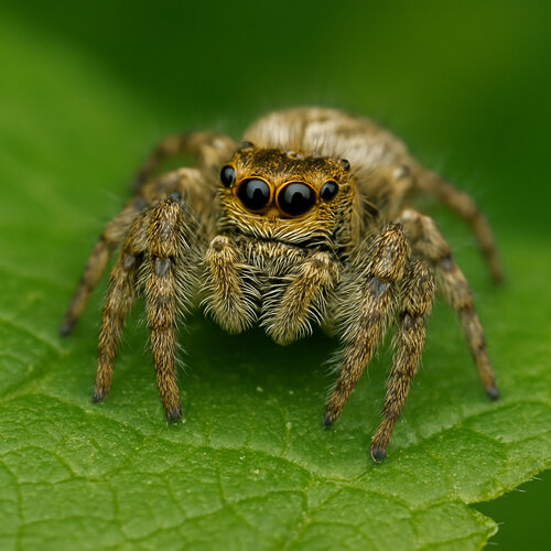 Jumping spider (Salticidae) with large front eyes on a green leaf