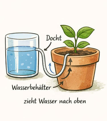 Illustration: a wick draws water from a glass into the soil of a flowerpot