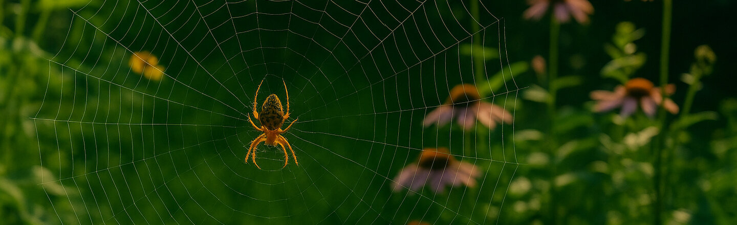Spider in its web, with flowering meadow plants in the background
