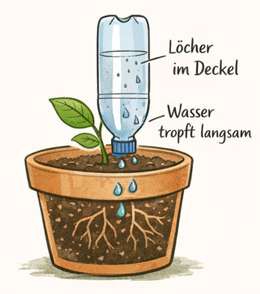 Illustration: upturned plastic bottle with holes in the cap slowly releasing water into the pot