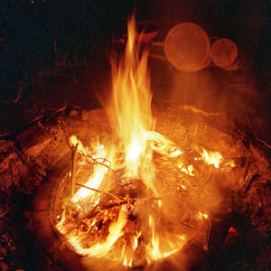 Blazing campfire at night