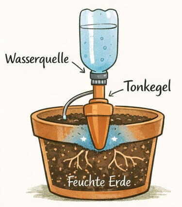 Illustration: clay watering spike in a flowerpot, connected to a water bottle, keeps the soil evenly moist
