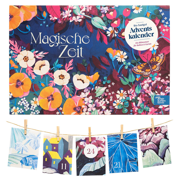 Organic seed advent calendar “Magical Time” with floral design, door cards pegged on a string below