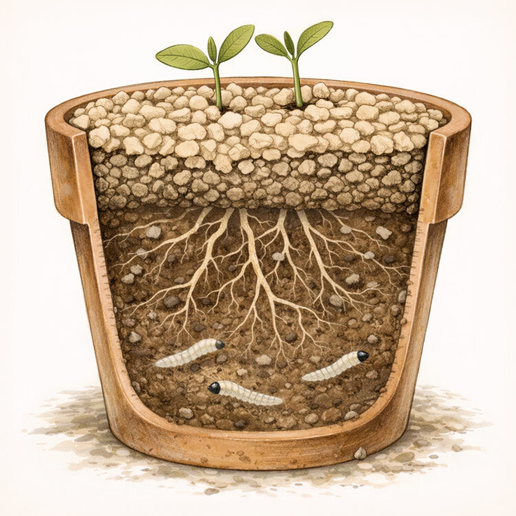 Illustration: cross-section of a pot with fungus gnat larvae in the soil under a dry mineral top layer